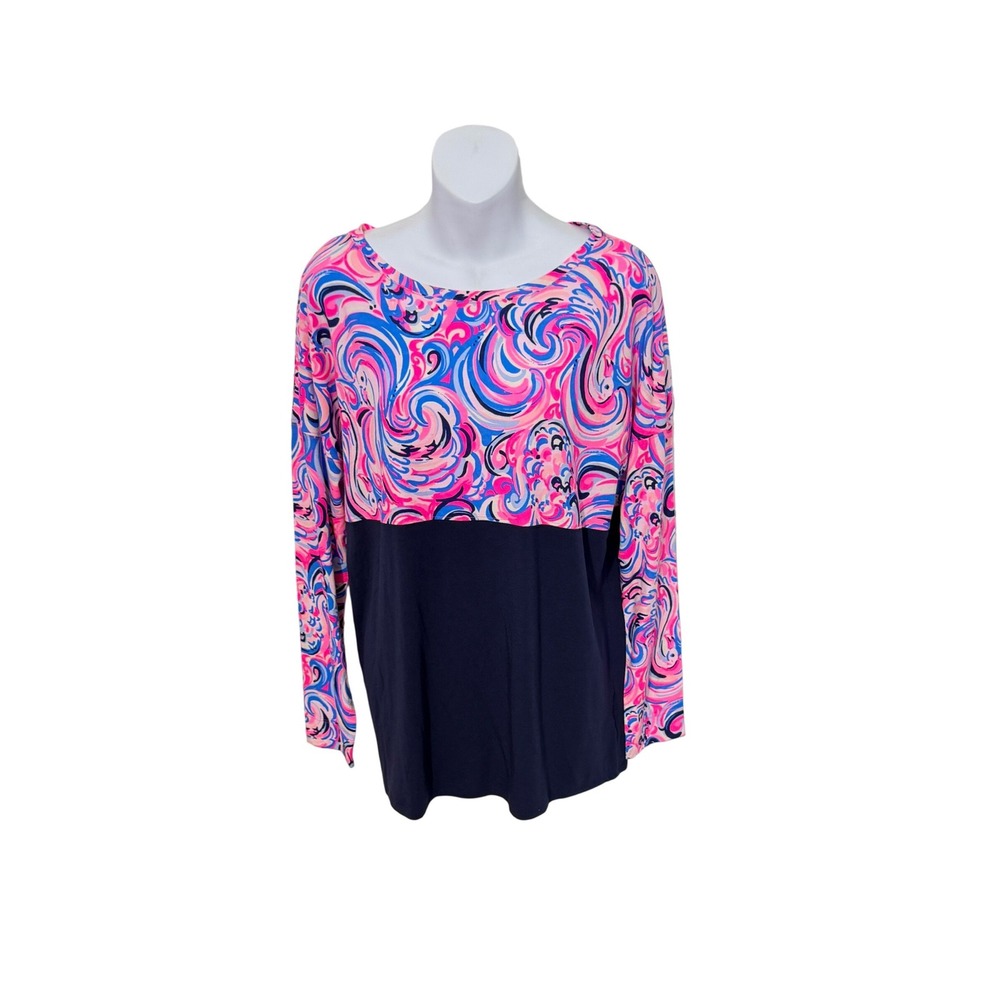 Lilly Pulitzer Long Sleeve Top Womens M Blue Pink Swirl Print Colorblock Cotton